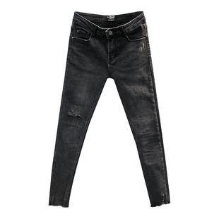 黑灰色修身加绒小脚牛仔裤女贴布破洞秋季高腰显瘦提臀弹力铅笔裤