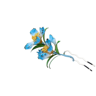 繁花入梦纯手工非遗绒花U钗烧边蓝色鸢尾花发饰古风汉服发簪头饰