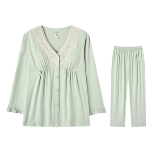 芬腾25年春秋季女士家居服套装自带胸垫防凸点V领透气蕾丝睡衣