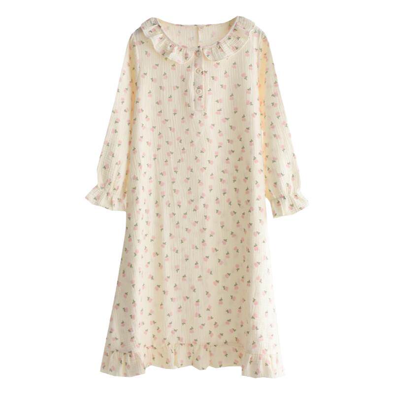 甜美小碎花长袖睡裙女士春秋夏季纯棉纱布双层薄款宽松家居服睡衣