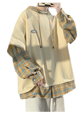vintage卫衣男假两件格子衬衫
