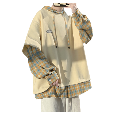 vintage卫衣男假两件格子衬衫