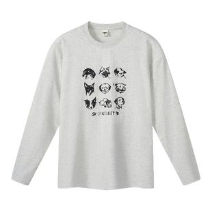 714street美式复古宠物印花宽松长袖T恤男2025秋季纯棉情侣上衣女