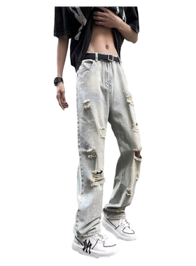 破洞毛边水洗牛仔裤男