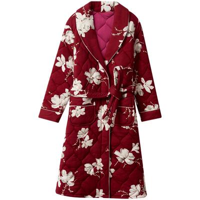 睡袍女士秋冬季长款三层夹棉袄