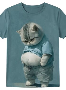 3D digital printed cat pullover T-shirt3D数码印花猫咪套头T恤