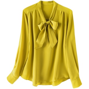 法式气质真丝衬衫飘带领桑蚕丝双绉长袖上衣女22春夏新款纯色衬衣