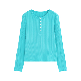 riverstone plus 简约亨利领修身长袖T恤女慵懒竖条纹纽扣打底袖