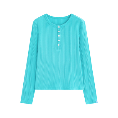 riverstone plus 简约亨利领修身长袖T恤女慵懒竖条纹纽扣打底袖