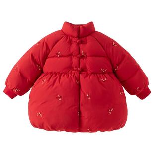 戴维贝拉女童羽绒服冬装儿童三防加厚外套上衣女宝国风红色拜年服