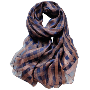 丝巾洋气百搭春秋真丝羊毛金线保暖格子桑蚕丝披肩长纱巾围巾冬季