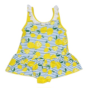 美国原单GEOR****蓝底黄白菊花带裤子泳池裙款连体泳衣女童中小童