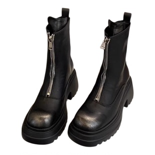 牛皮版马丁靴女2025新款增高厚底前拉链中筒靴复古擦色短靴机车靴