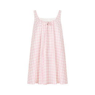 管乐同款 Kroche 奶油粉格 蝴蝶结压褶U领背心A摆短款连衣裙