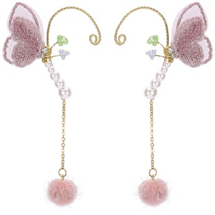 原创长流苏耳环毛绒球百搭古风耳夹手工刺绣无耳洞耳挂蝴蝶耳坠仙