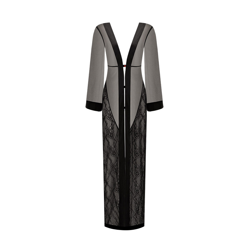 「绫天生丝滑-垂怜」性感轻熟网纱蕾丝露背可开长款睡袍女