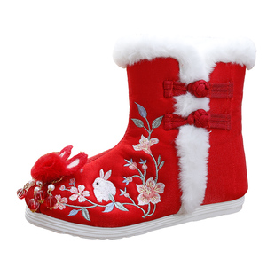 汉服鞋子女童冬季中国风拜年鞋儿童保暖棉靴古装绣花鞋民族风靴子