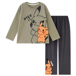 亲子睡衣春秋季纯棉长袖卡通皮卡丘青少年男款秋冬家居服父子套装