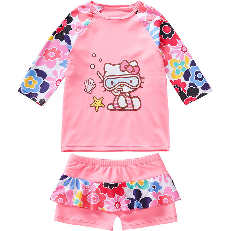 儿童游泳衣女童小孩宝宝粉色卡通kitty防晒分体快干温泉沙滩泳装