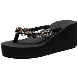 Bzbz女夏时尚高跟人字拖鞋外穿厚底防滑坡跟凉拖新款水钻沙滩拖鞋