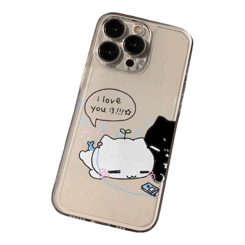 听歌黑白猫咪iPhone14苹果13p可爱荣耀MAGIC8透明小米17ProMax软卡通VIVOIQOO15适用16PLUS情侣手机壳OPPOK12