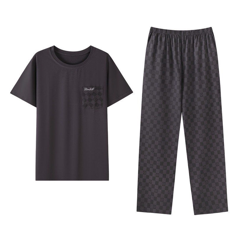 猫人夏季中年男式纯棉睡衣爸爸薄款短袖长裤全棉中老年家居服套装