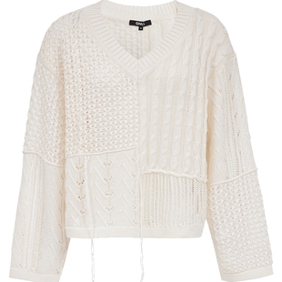 ONLY春季宽松不对称钩花编织肌理V领落肩长袖针织衫上衣女