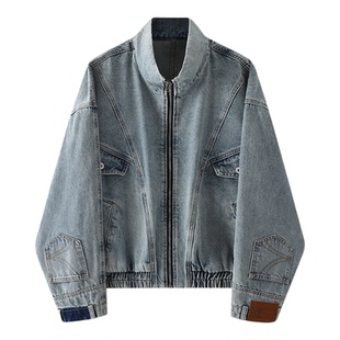 拉夏贝尔美式重工水洗牛仔夹克2025秋冬复古分割设计外套高街男款