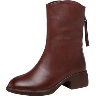 软皮长靴纯皮大码女靴子中筒靴真皮低跟全牛皮加绒靴子小香风靴子