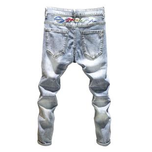 欧洲站夏季刺绣印花牛仔裤男款修身小脚裤男士高端轻奢潮流裤子薄