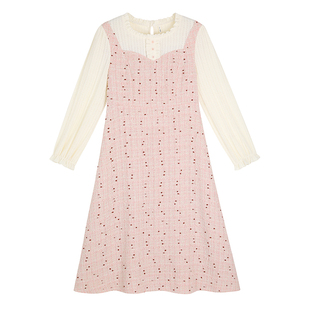 2025秋季大码女装法式千金甜美假两件粉色淑女风小香长款连衣裙