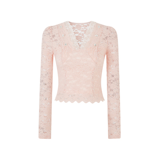 Sun雅乔【迷人香气】秋冬新款长袖3色V领网纱磨毛蕾丝打底上衣女