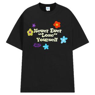 美式hiphop重磅短袖T恤男女夏季ins潮牌字母小花复古宽松圆领上衣