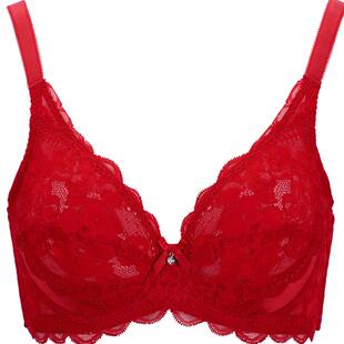 古今女士大胸显小薄款蕾丝双排扣侧收上托红色文胸罩内衣女0K208