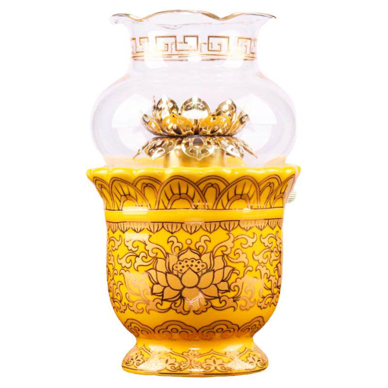 中成合金莲花陶瓷财神防风酥油灯