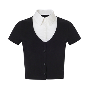 Notyourrose学院风通勤假两件衬衫拼接短袖黑色短款开衫上衣女夏