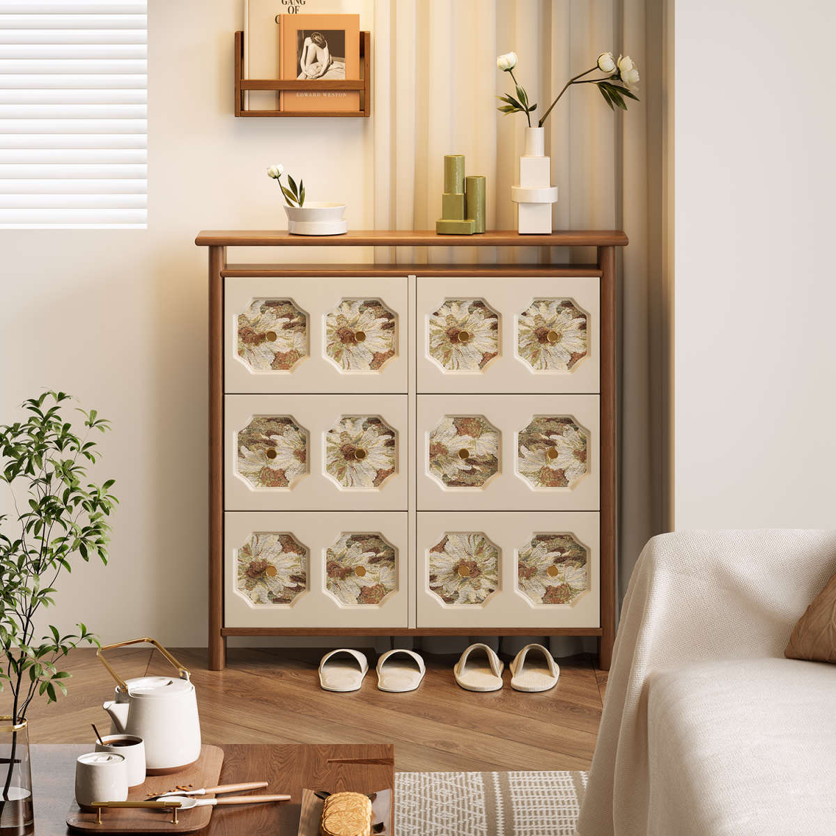 谷及中古风实木复古印花鞋柜家用入户换鞋柜立柜收纳储藏一体柜子