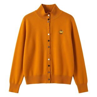 桔黄色立领单排彩扣南瓜刺绣毛衣女冬季新款百搭显瘦长袖针织开衫
