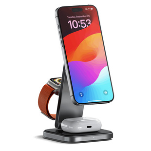 Satechi Qi2三合一无线充电支架MagSafe磁吸快充适用iPhone17/AppleWatch11/AirPods苹果手机耳机手表可折叠