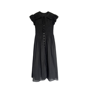 3ts法式复古小飞袖连衣裙黑色修身收腰风琴褶无袖长裙女