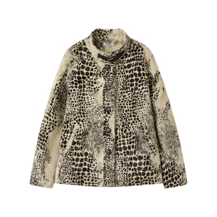 物理少年「暮色圣歌」豹纹短毛皮扣光泽感合肩立领短款休闲夹克