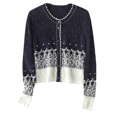 法式重工羊毛珠片撞色针织开衫女