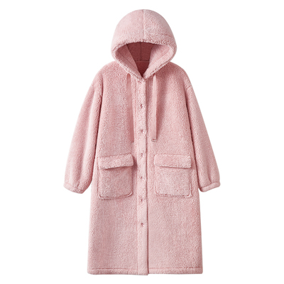 【暖暖绒】红豆居家珊瑚绒加厚长款连帽睡衣情侣可外穿宽松睡袍