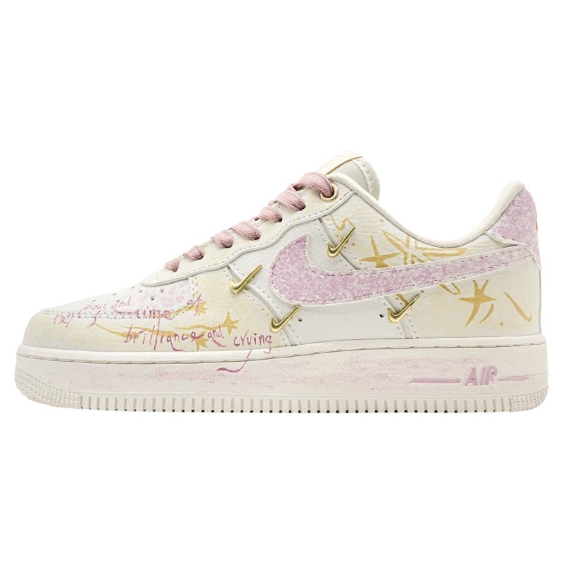 【定制球鞋】NikeAirForce1四勾空军樱花日落DIY手绘板鞋女白粉色
