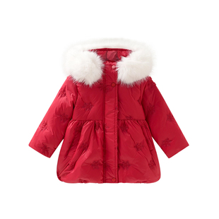 玛米玛卡女童红色羽绒服2025新款冬季加厚保暖连帽棉服外套过年服