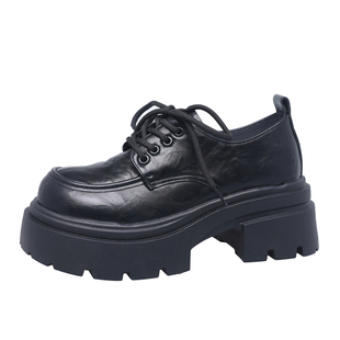 三福真皮厚底小皮鞋女英伦风2025秋冬季新款单鞋粗跟系带乐福鞋子