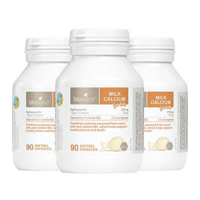 3件装 澳洲bio island 婴幼儿童宝宝液体牛乳钙维D软胶囊补钙90粒