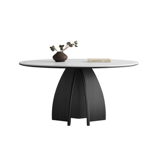 奥古斯特微兰实木圆桌带转盘现代轻奢法式复古风纯白岩板实木餐桌