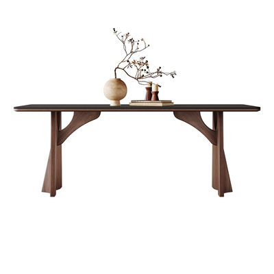 胡桃色实木飞鸦岩板餐桌现代简约