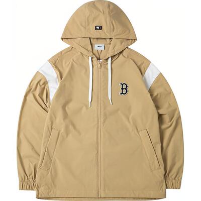 MLB 字母休闲拉链连帽长袖夹克外套 男女同款 米黄色